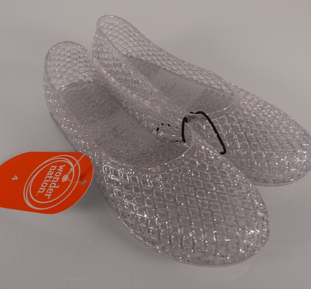 Wonder Nation Girls Clear Silver Glitter Jelly Ballet Flats Shoes Size 4 NWT